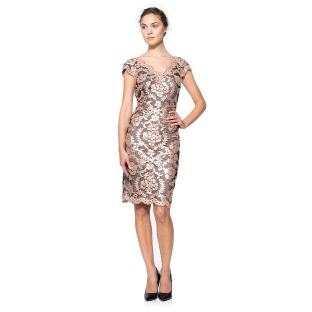 Tadashi Shoji Paillette Embroidered Lace Dress Antique Pink Womens Size 6